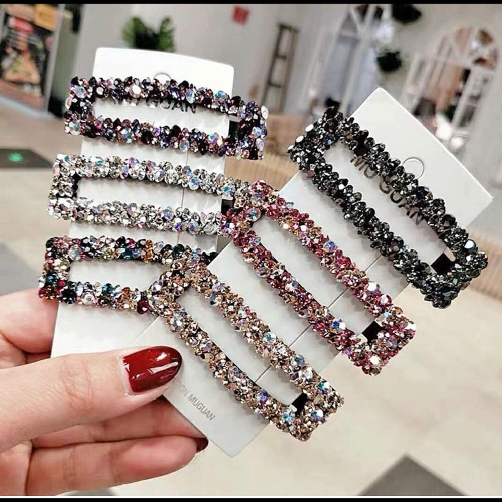 Set of 6 Rectangle AB Crystal Fashion Hair Barrettes